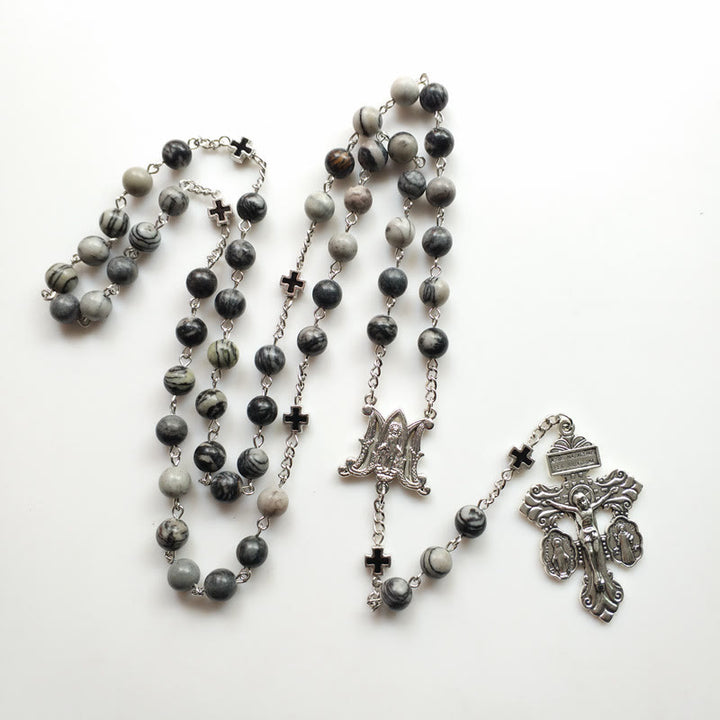 Olivenorma Black Network Agate Holy Mother Cross Rosary Necklace - Black Network Agate&Cross - image 0