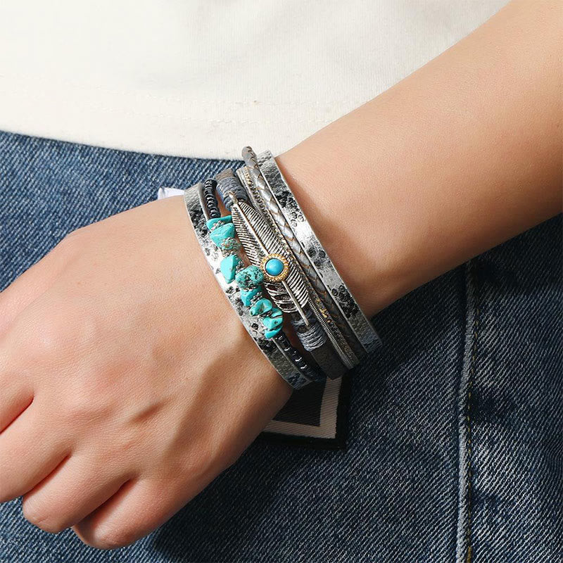 Olivenorma Brown Vintage Turquoise Multi-layer Leather Bracelet - image 4