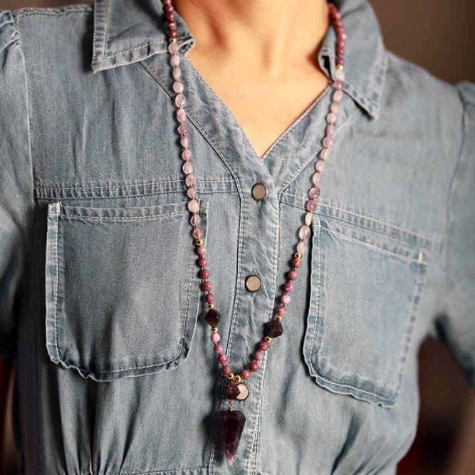 Olivenorma Natural Amethyst Purple Jade Beaded Mala Necklace - image 1