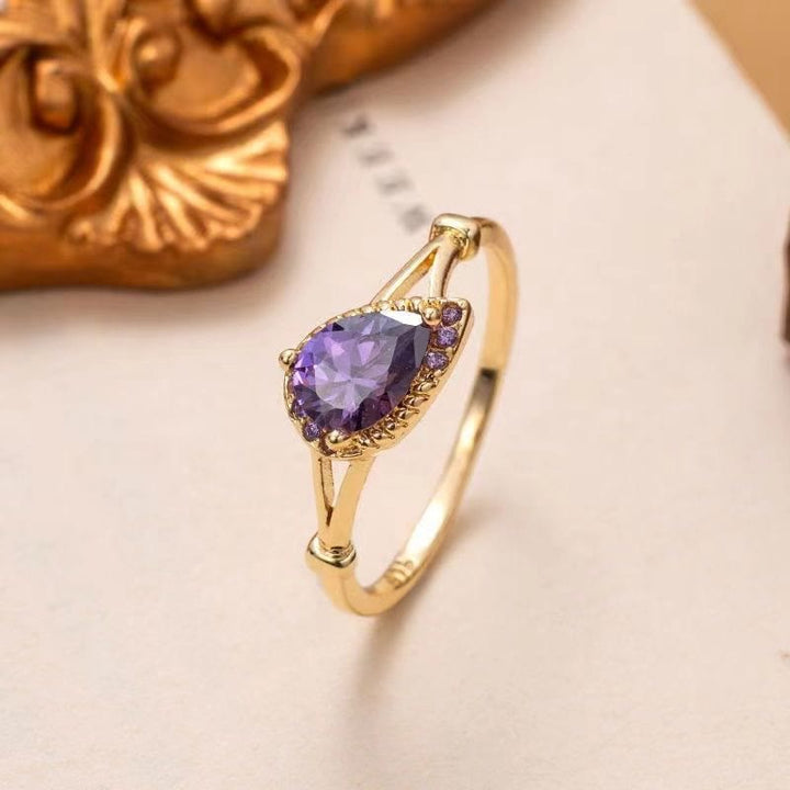 Olivenorma Amethyst White Zircon Water Drop Open Adjustable Ring - image 2