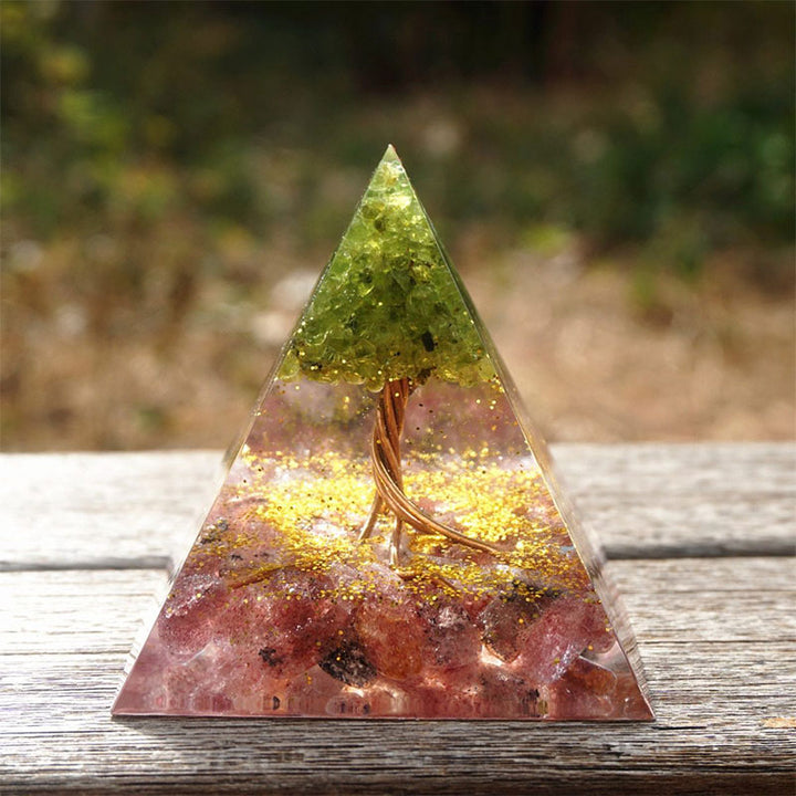 Olivenorma Tree of Life Peridot and Strawberry Quartz Orgone Pyramid - image 4