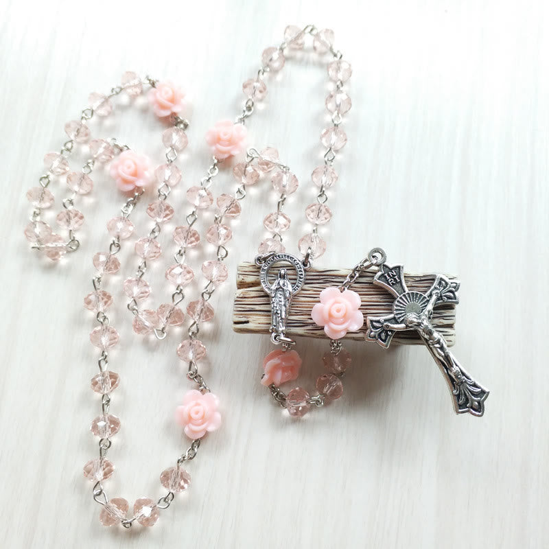 Olivenorma Rose Quartz Jesus Cross Pendant Rosary Necklace - image 1
