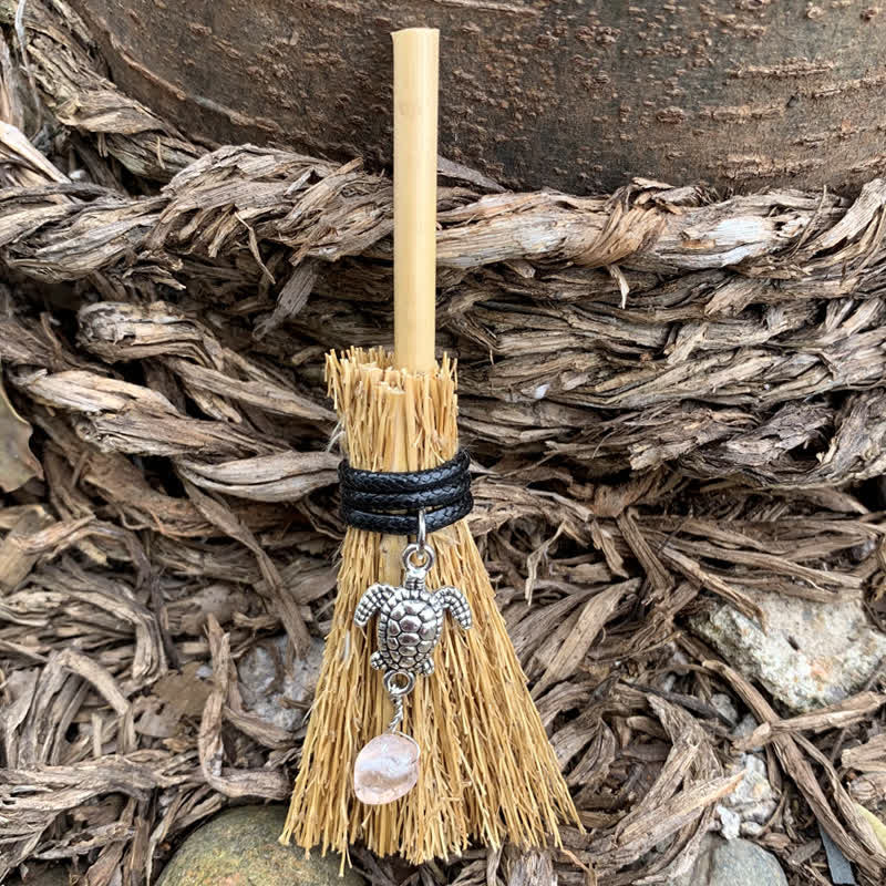 Olivenorma Handmade Mini Crystal Turtle Broom Ornament - Straw & Turtle & Rose Quartz - image 1