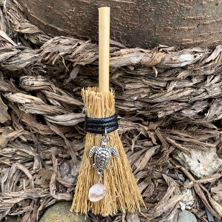 Olivenorma Handmade Mini Crystal Turtle Broom Ornament - Straw & Turtle & Rose Quartz - image 1