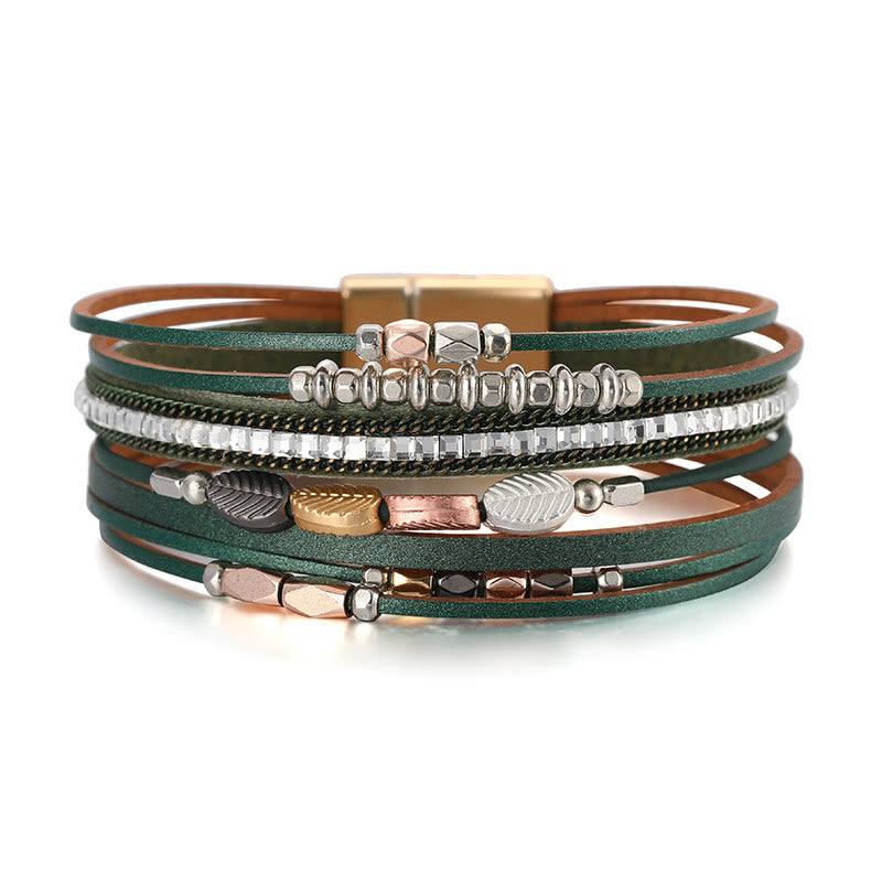 Olivenorma Hematite White Zircon Leaf Tiered Leather Bracelet - Green - image 0