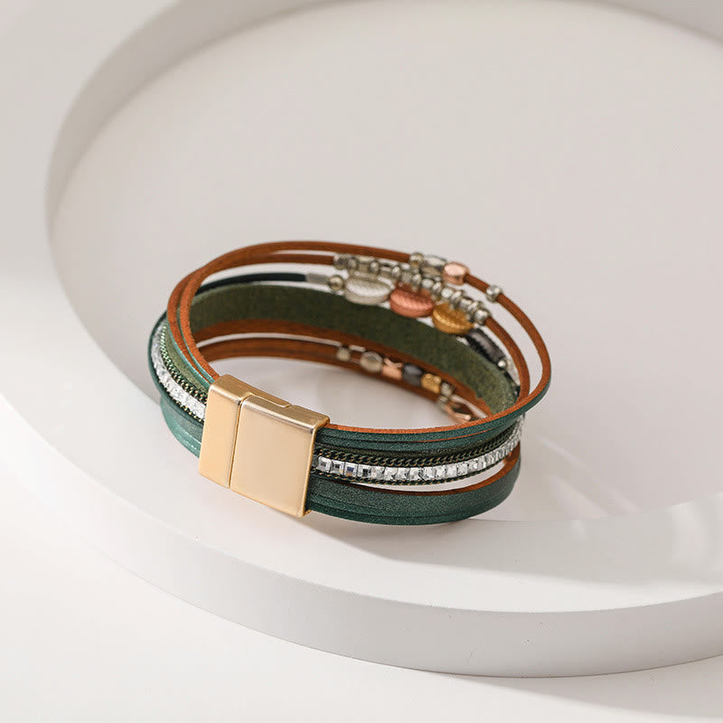 Olivenorma Hematite White Zircon Leaf Tiered Leather Bracelet - image 3