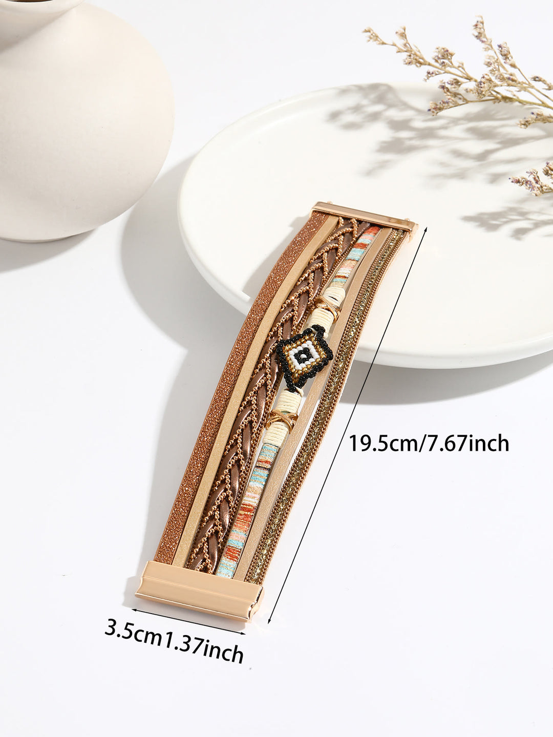 Olivenorma Zircon Rice Beads Woven Evil Eye Metal Wide Bracelet - image 2