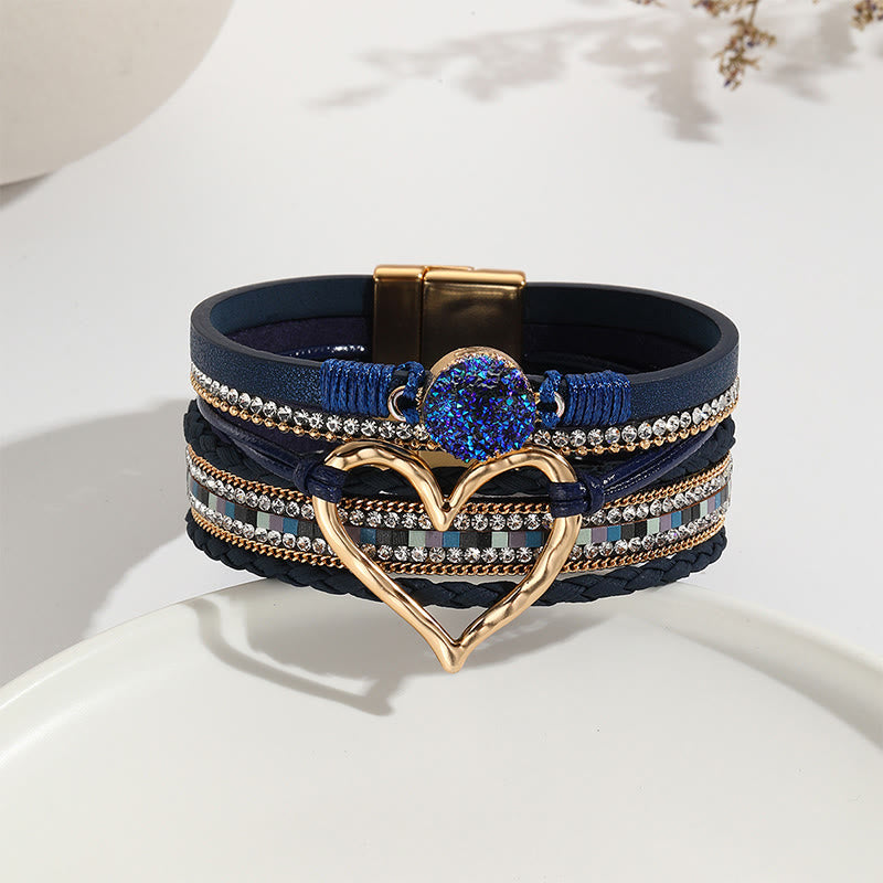 Olivenorma Multicolor Crystal Cluster Metallic Heart Braided Leather Bracelet - Blue - image 14