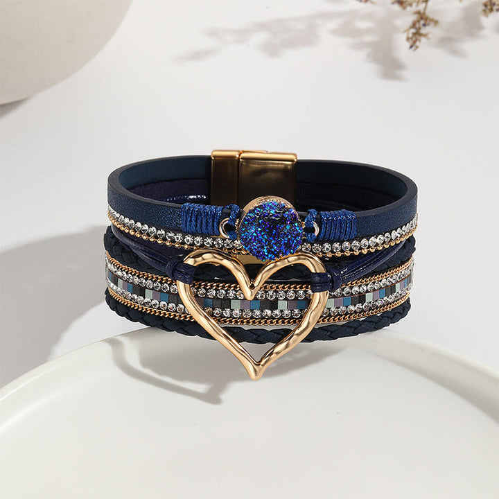 Olivenorma Multicolor Crystal Cluster Metallic Heart Braided Leather Bracelet - Blue - image 14