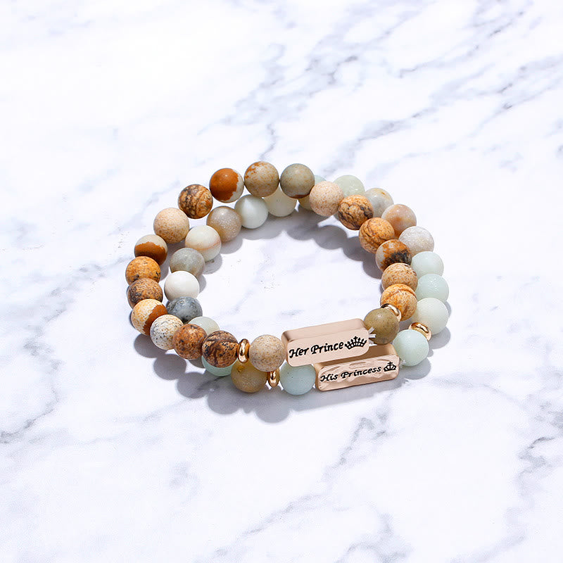 Olivenorma Natural Gemstone His Princess Her Prince 2 Piece Engraving Bracelet - Picture Jasper&Amazonite - image 0