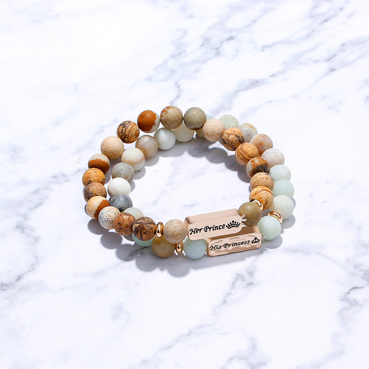 Olivenorma Natural Gemstone His Princess Her Prince 2 Piece Engraving Bracelet - Picture Jasper&Amazonite - image 0
