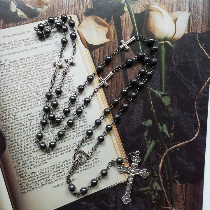 Olivenorma Hematite Jesus Medal Cross Rosary Necklace - image 1