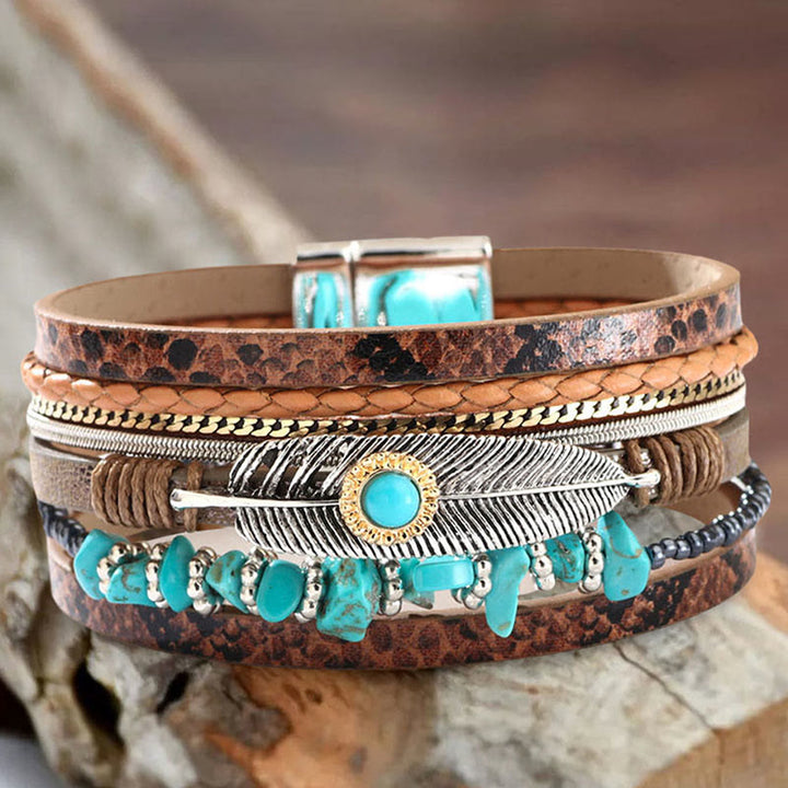 Olivenorma Brown Vintage Turquoise Multi-layer Leather Bracelet - Turquoise#Brown - image 1