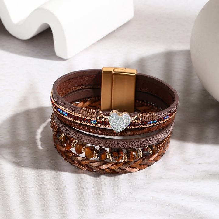 Olivenorma Natural Crystal Beaded Heart Charm Leather Bracelet - Tiger Eye - image 11
