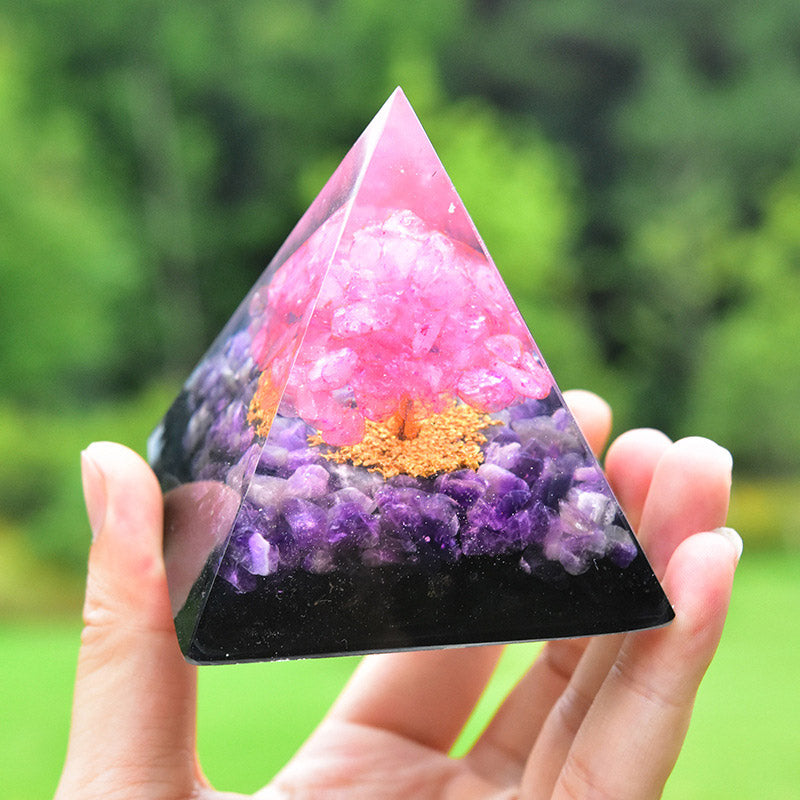 Olivenorma Tree of Life Amethyst Obsidian with Pink Crystal Orgone Pyramid - image 2