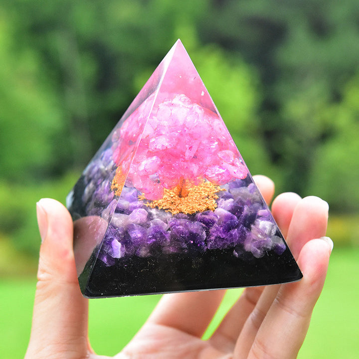 Olivenorma Tree of Life Amethyst Obsidian with Pink Crystal Orgone Pyramid - image 2
