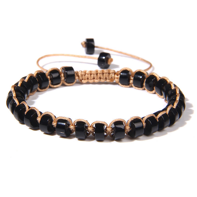 Olivenorma Natural Stone Wheel Bead Woven Bracelet - Obsidian - image 3