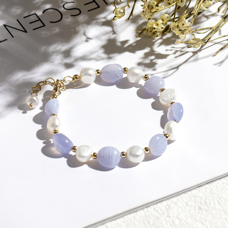 Natural Crystal Pearl Gemstone Bracelet - Blue Lace Agate - image 0