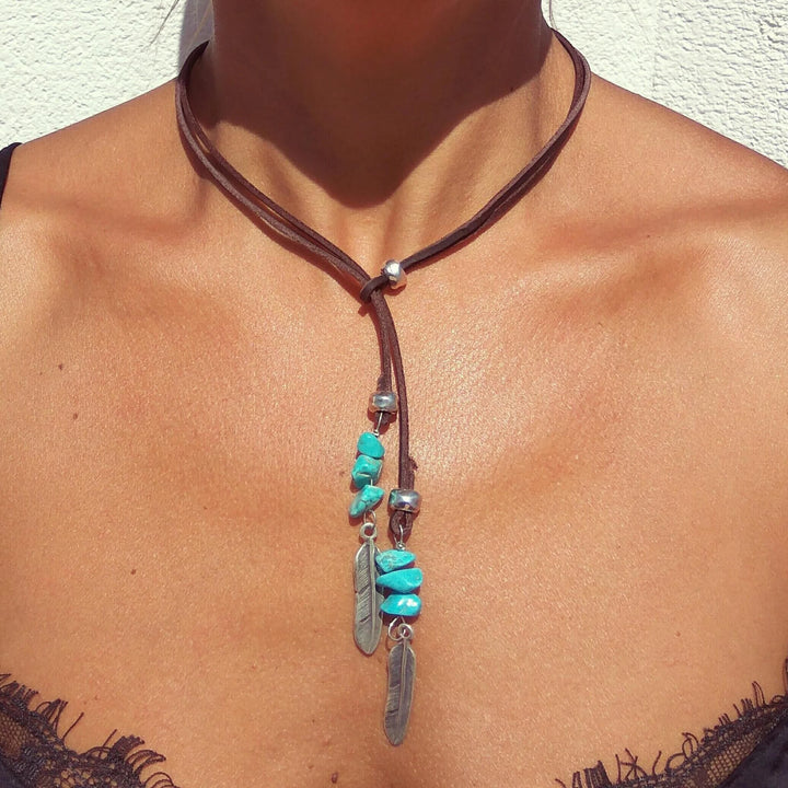 Olivenorma Turquoise Leather Cord Alloy Feather Pendant Necklace - Turquoise - image 0