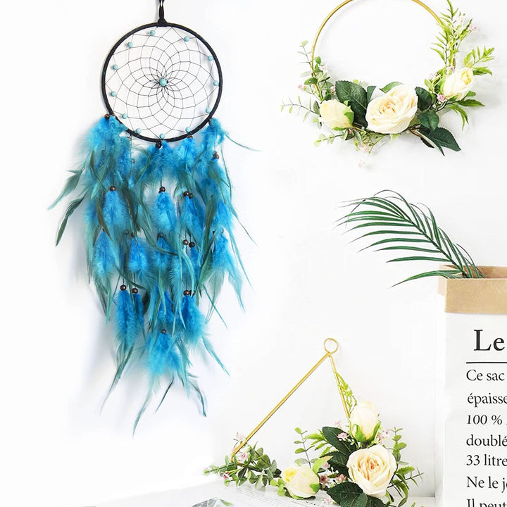Olivenorma Turquoise Beaded Braided Floral Blue Feather Dream Catcher - image 1