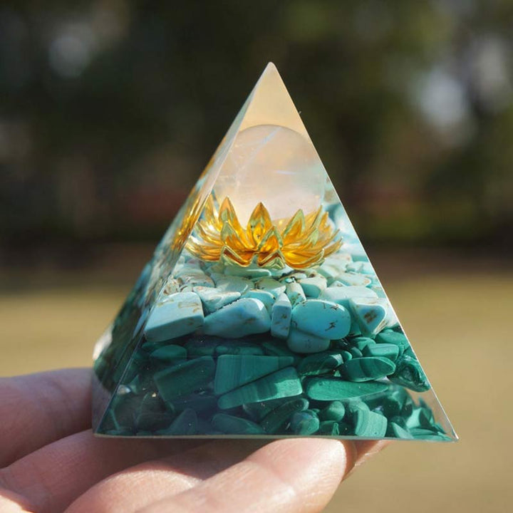 Clear Crystal Turquoise Malachite Lotus Symbol Orgone Pyramid - 10*10cm - YES PLEASE $8 - image 0