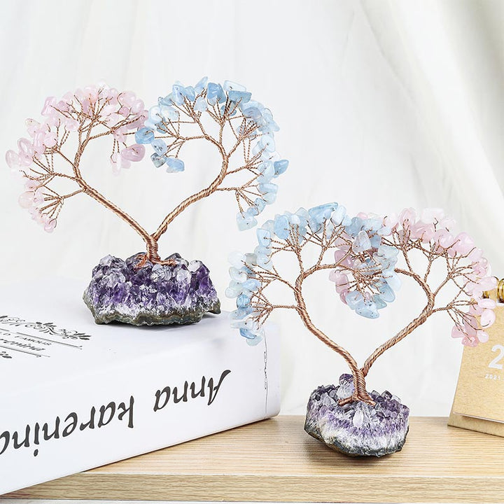 Natural Crystal Stone Love Feng Shui Tree - Pink Crystal&Aquamarine - image 0