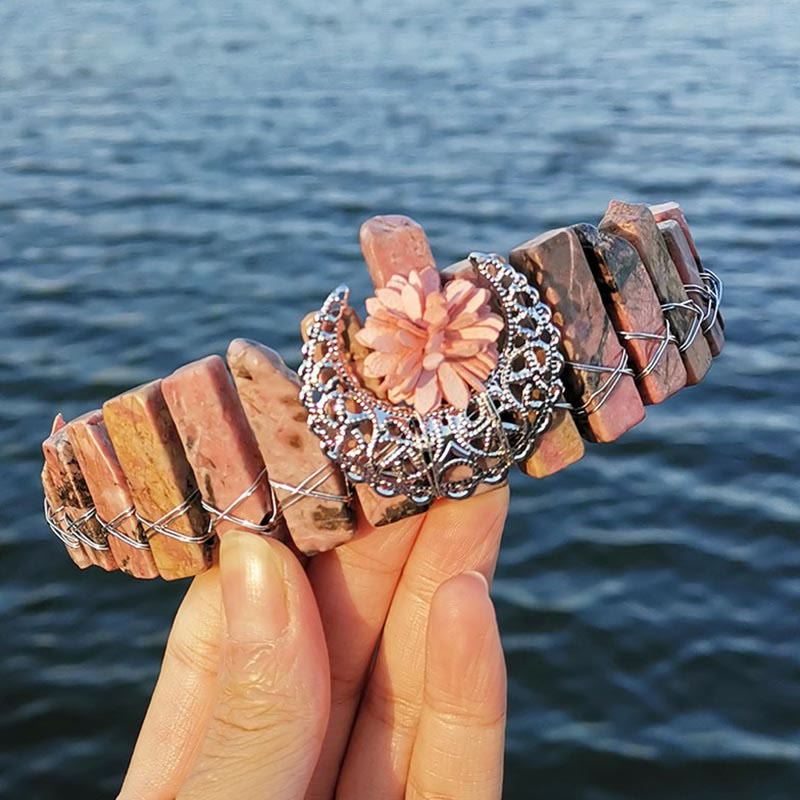 Olivenorma Natural Crystal Dragonfly Moon Accessory Crown Bridal Headband - Rhodochrosite with flowers - image 12