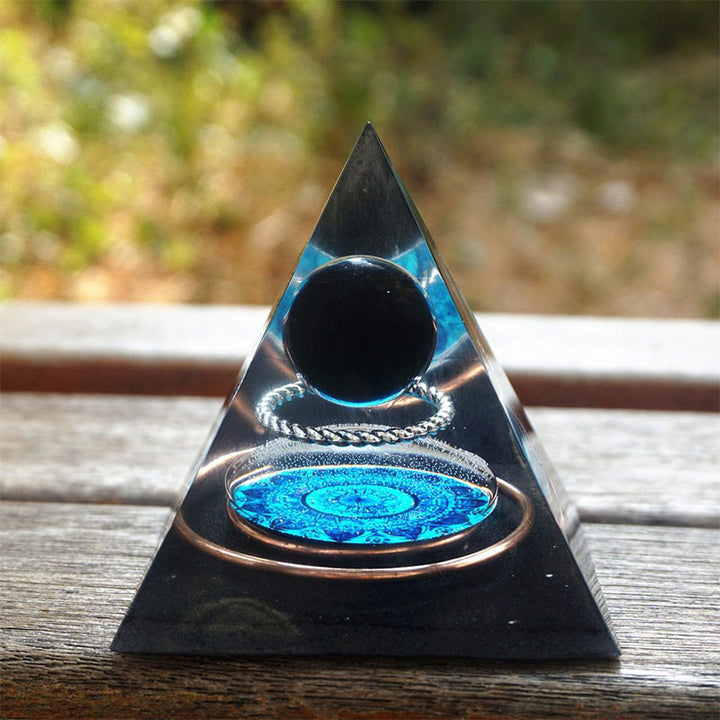 Olivenorma Obsidian Crystal Sphere With Copper Circle Orgone Pyramid - image 2