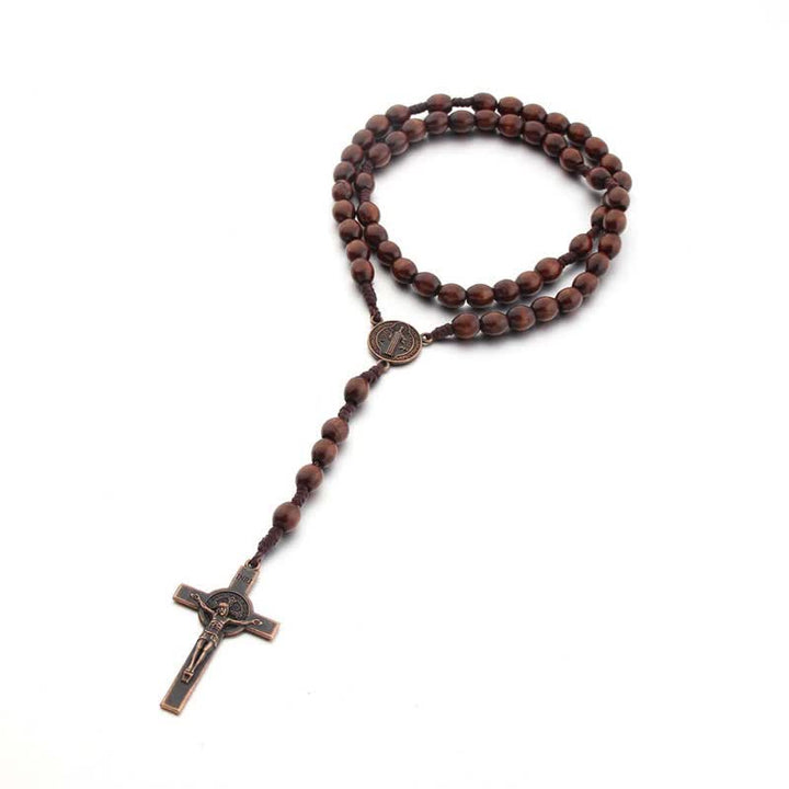 Olivenorma Knitted Vintage Cross Wood Rosary Necklace - image 5