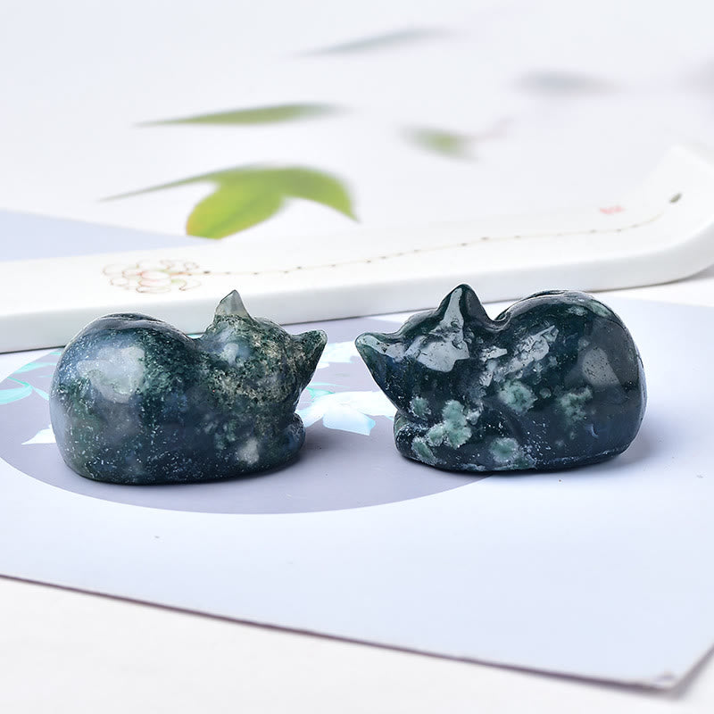 Olivenorma Moss Agate Sleeping Cat Carving Gemstone Decoration - 6cm - image 1