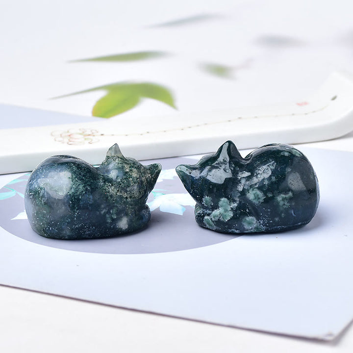 Olivenorma Moss Agate Sleeping Cat Carving Gemstone Decoration - 6cm - image 1