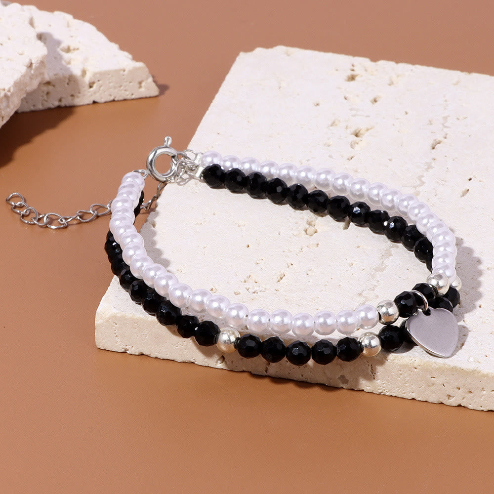 Olivenorma Faceted Stone Pearl Heart Charm Double Layer Bracelet - image 6