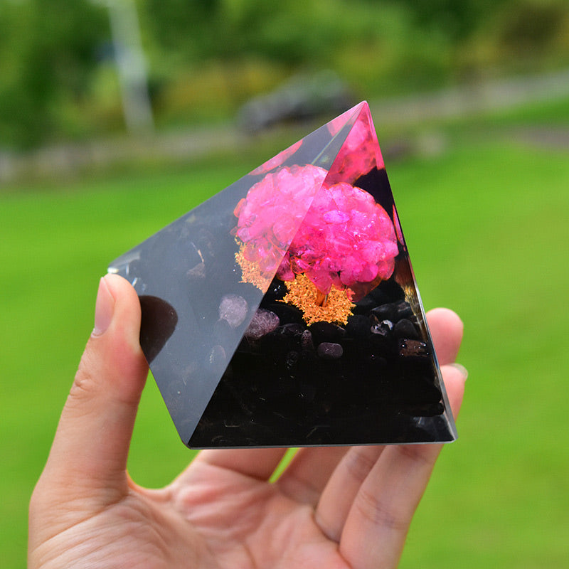 Olivenorma Obsidian with Pink Crystal Healing Orgone Pyramid - image 2