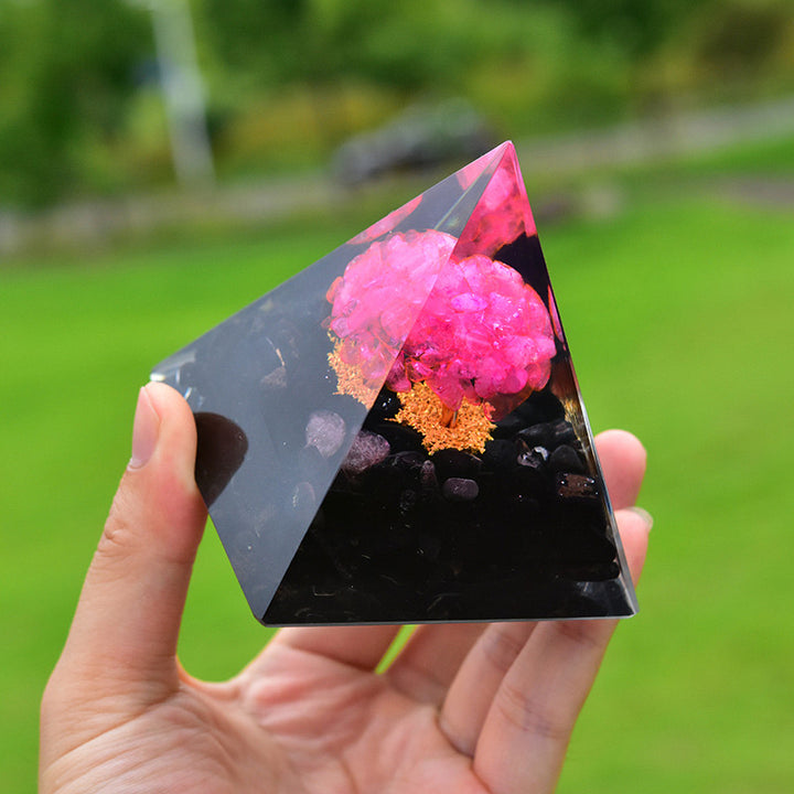 Olivenorma Obsidian with Pink Crystal Healing Orgone Pyramid - image 2