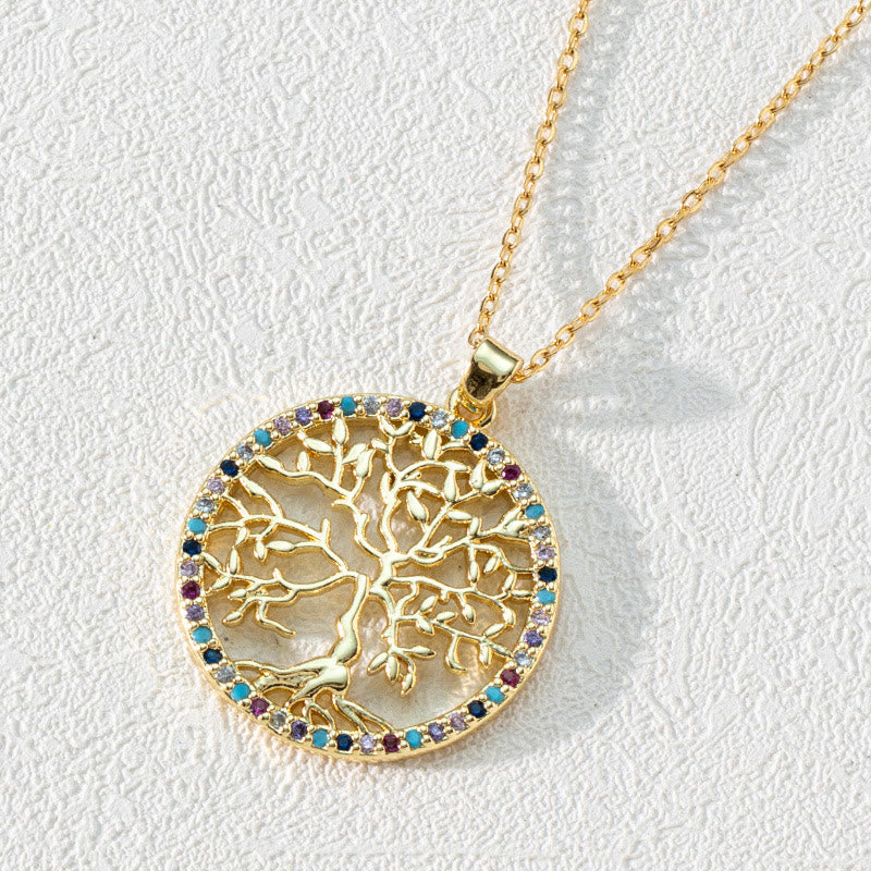 Olivenorma Zircon Round Hollow Tree of Life Pendant Clavicle Necklace - Round Colored Zircon & Tree of Life - image 1