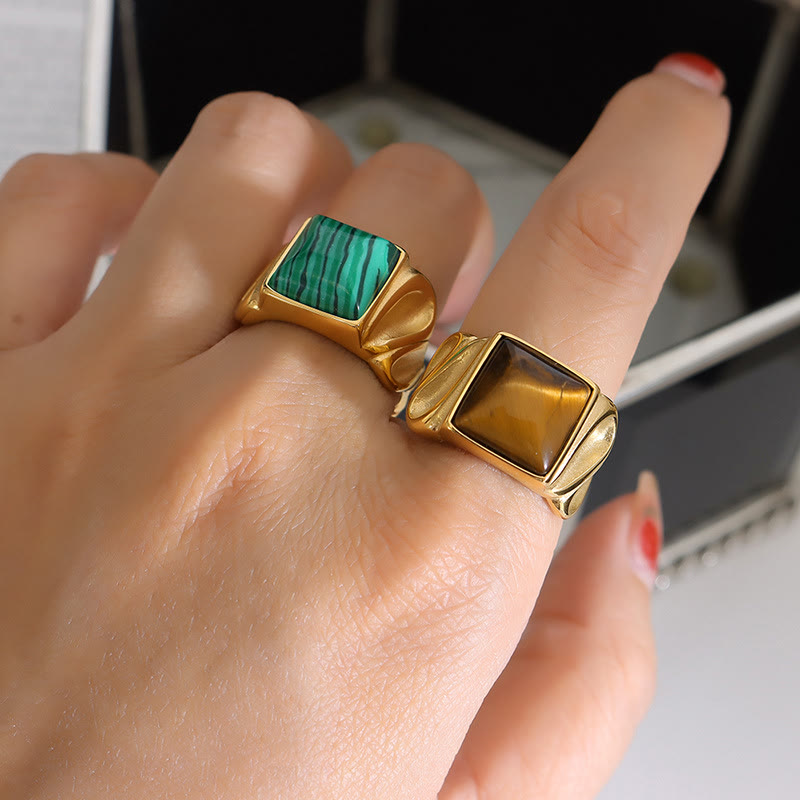 Olivenorma Square Malachite Tiger Eye Gold Titanium Steel Ring - image 8