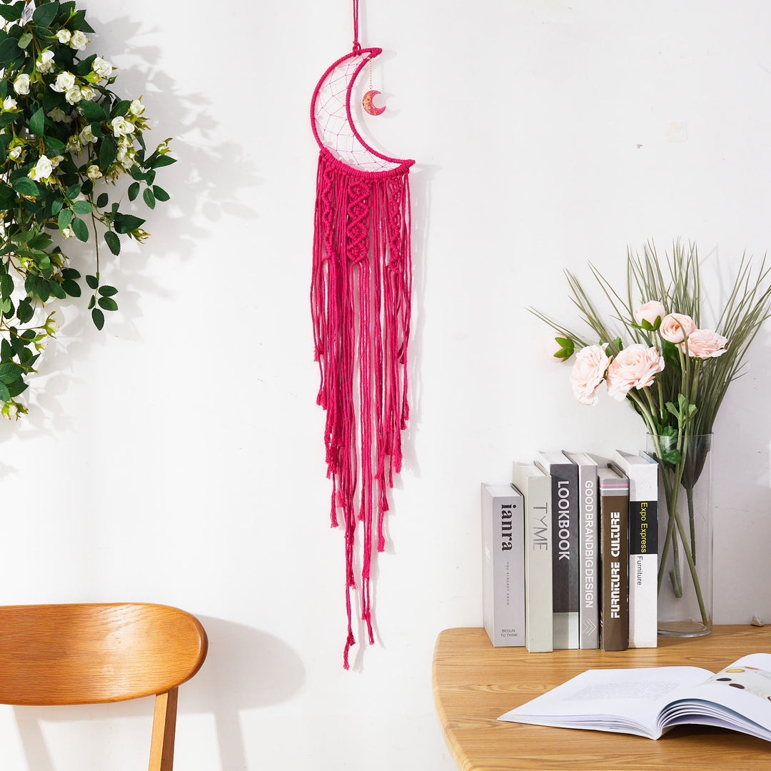 Olivenorma Star Moon Macrame Tassel Dream Catcher - Strawberry Quartz - Moon - With Lights - image 10