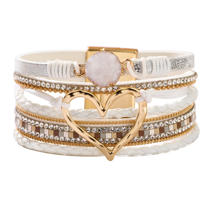 Olivenorma Bohemia Leather Wrap Hollow Heart Bracelet  - Clear Crystal - image 6