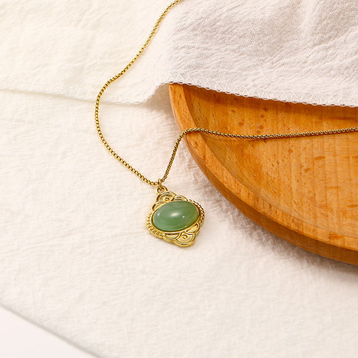 Olivenorma Natural Stone Palace Retro Lace Inlaid Pendant Necklace - Green Aventurine - image 1