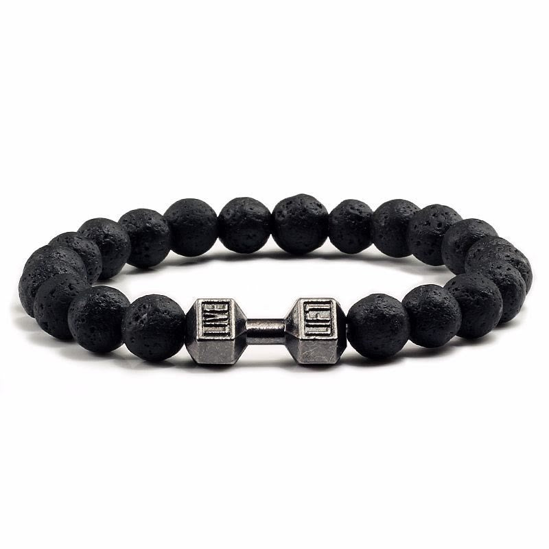 Olivenorma "Live Life" Dumbbells Natural Stone Beads Bracelet - Lava Stone - Black Barbell - 21cm - image 0