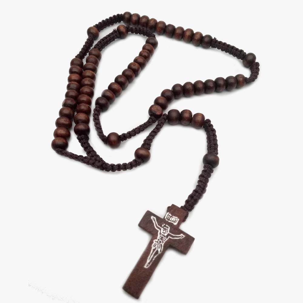 Olivenorma Cross Wooden Mala Bead Rosary Necklace - Dark Brown - image 4