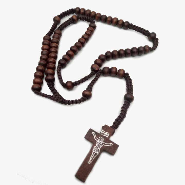 Olivenorma Cross Wooden Mala Bead Rosary Necklace - Dark Brown - image 4