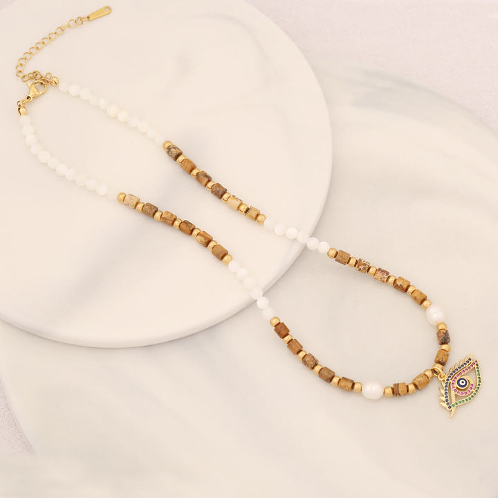 Olivenorma Natural Pearl Crystal Stone Evil Eye Pendant Necklace - Pearl&Picture Jasper - image 3