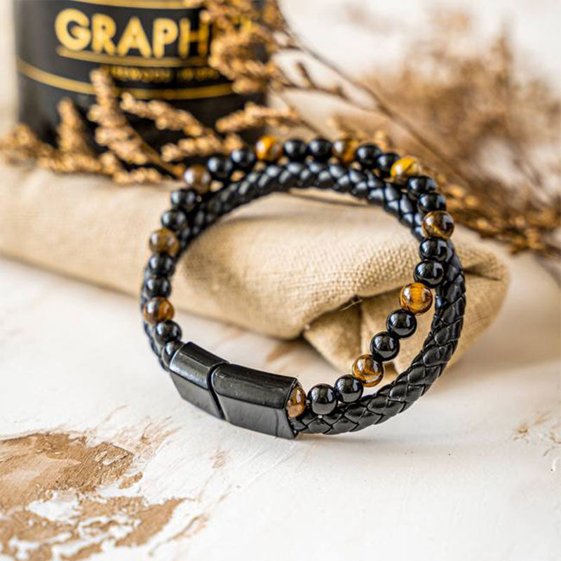Tiger Eye Men Leather Woven Bracelet - Tiger Eye - image 0