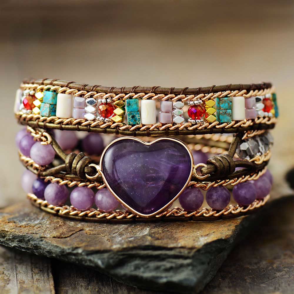 Olivenorma Amethyst Heart Charm Beads Wrap Bracelet - Amethyst - image 0