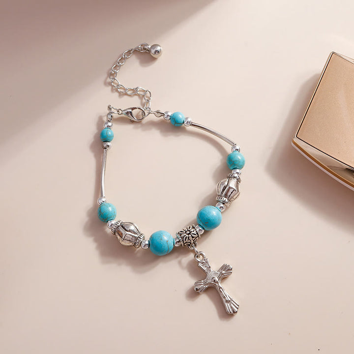 Olivenorma Turquoise Beaded Alloy Cross Pendant Bracelet - image 3