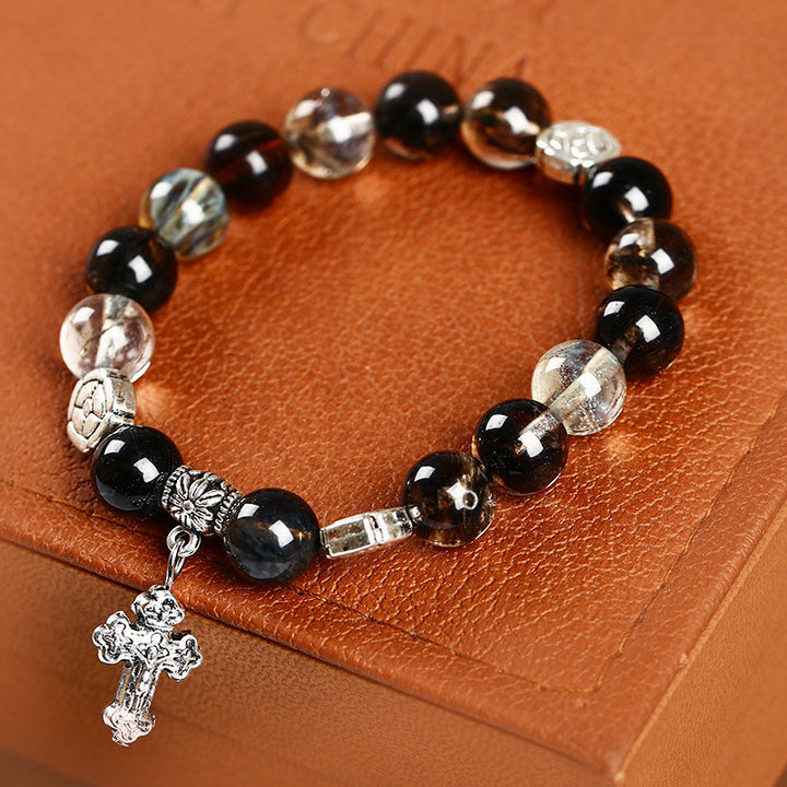 Natural Stone Cross Symbol Bracelet - Obsidian - image 6