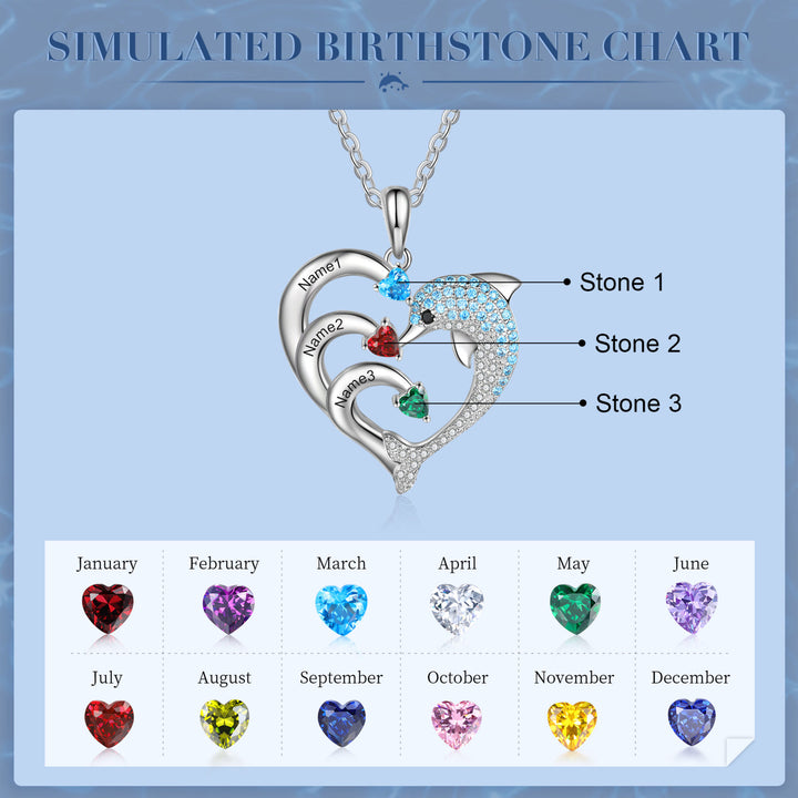 Olivenorma Heart Dolphin Necklace Engraved Stone Pendant Necklace - Silver - 3 Birthstone - image 2
