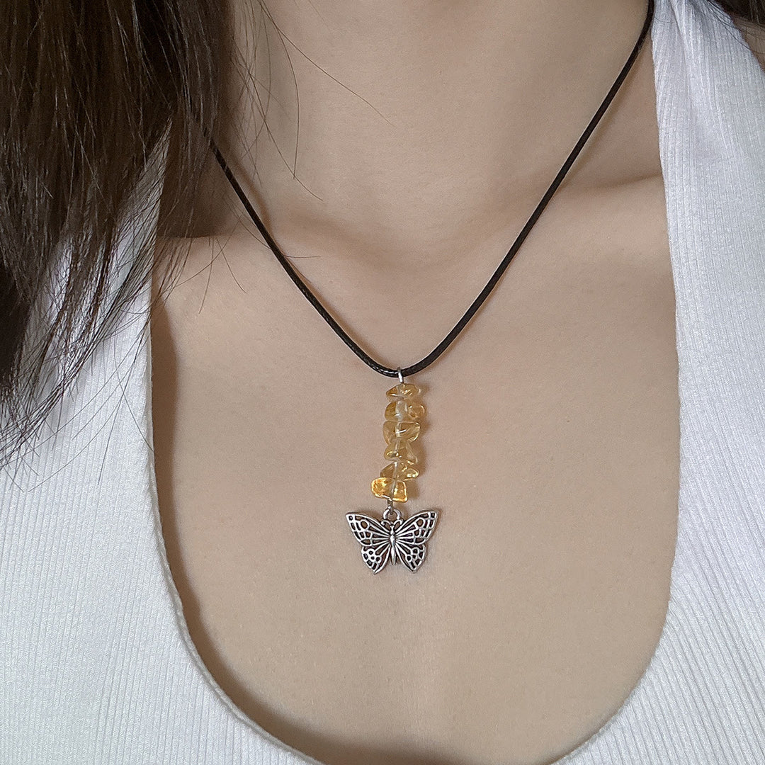 Olivenorma Natural Stone Butterfly Tassel Leather Wax Thread Necklace - Citrine - image 25