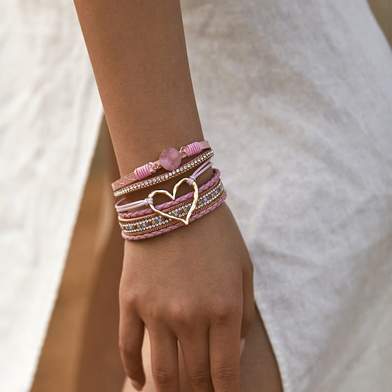 Olivenorma Multicolor Crystal Cluster Metallic Heart Braided Leather Bracelet - image 3